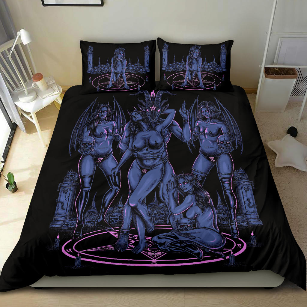 Skull Baphomet Erotic Revel In More Freedom And Realize It Throne 3 Piece Duvet Set Erotic Blue Pink