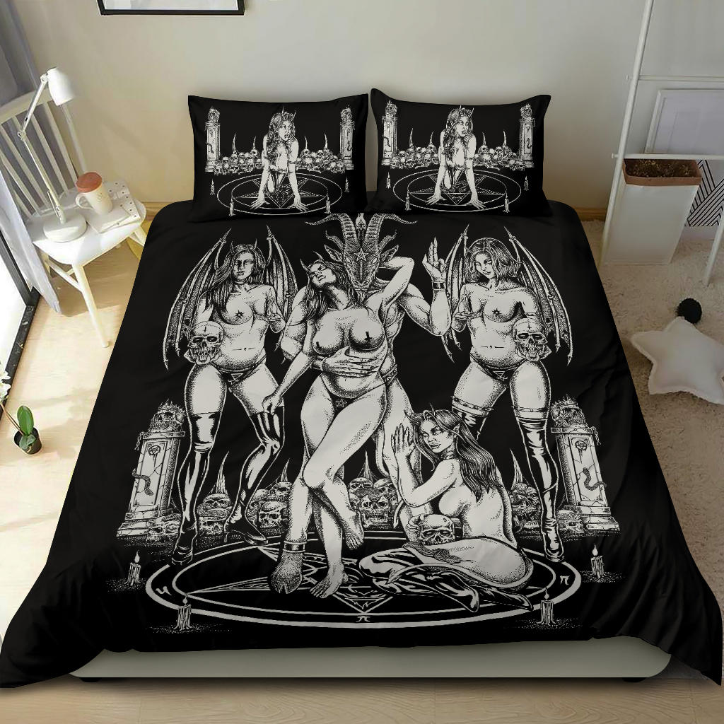 Skull Baphomet Erotic Revel In More Freedom And Realize It Throne 3 Piece Duvet Set Black And White