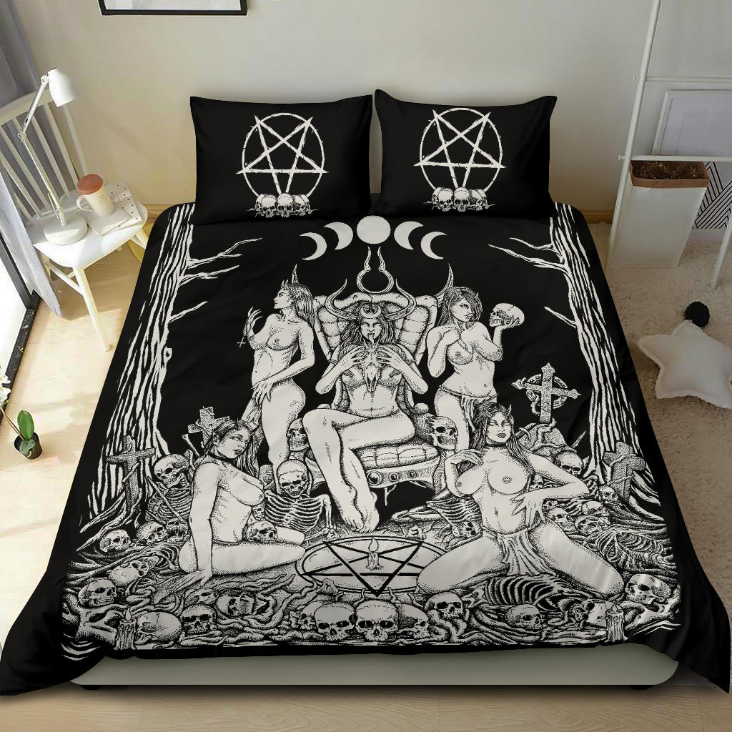 Skull Demon Satanic Pentagram Sexy Witch Throne 3 Piece Duvet Set