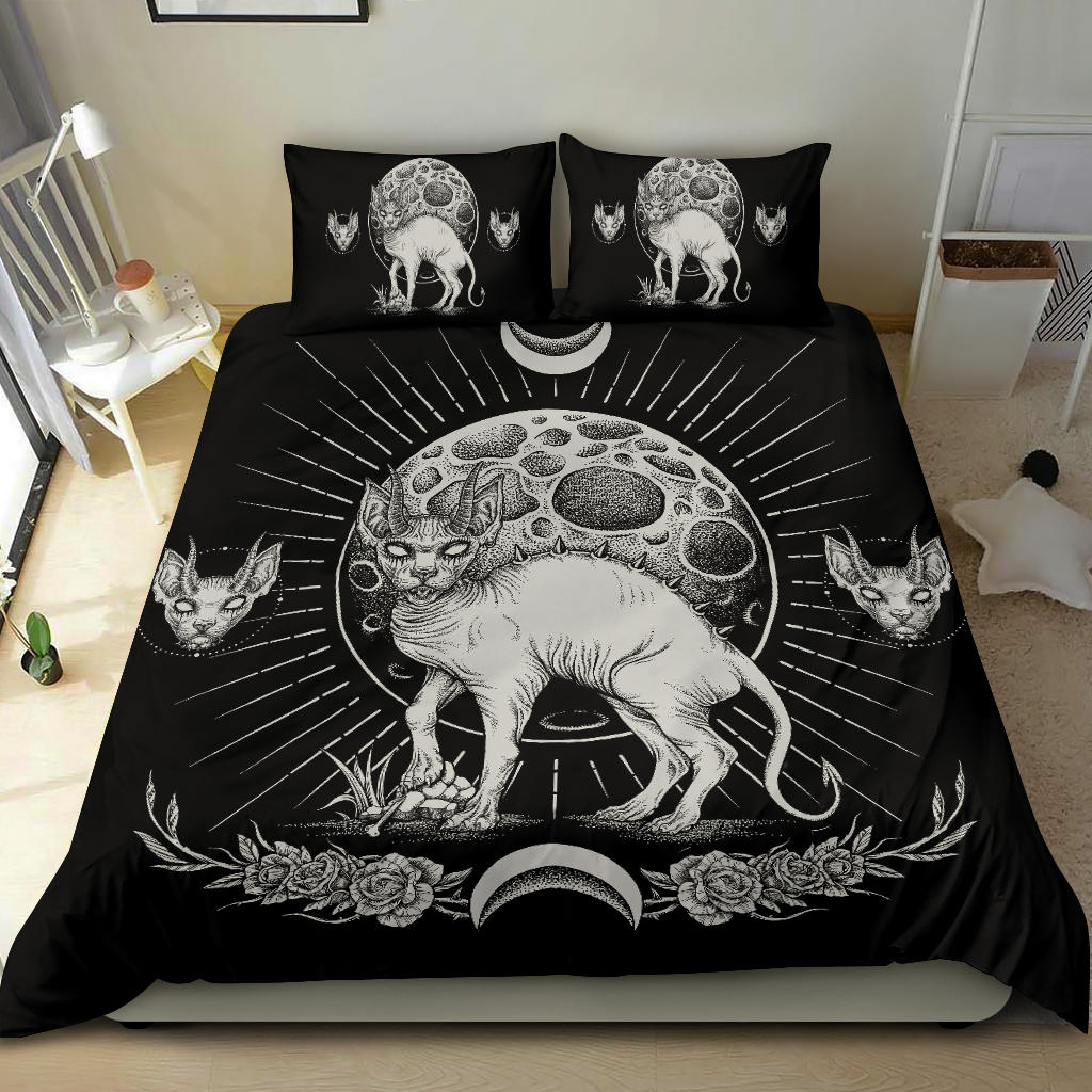 Gothic Occult Black Cat Unique Sphinx Style 3 Piece Duvet Set Black And White Awesome Full Cat Demonic White Eye Full Moon