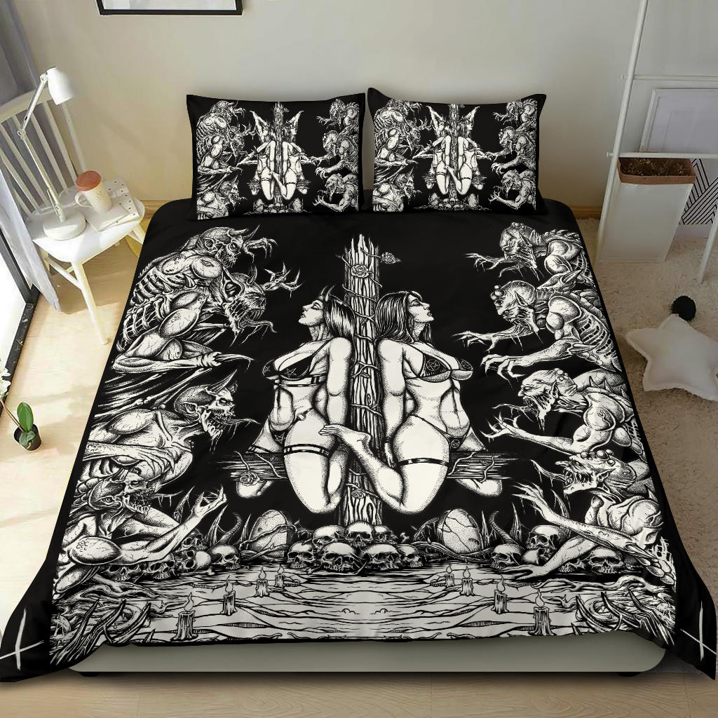 Skull Satanic Wood Cross Demon blitzkrieg 3 Piece Duvet Set Cross Corner Version Black And White Edited Version