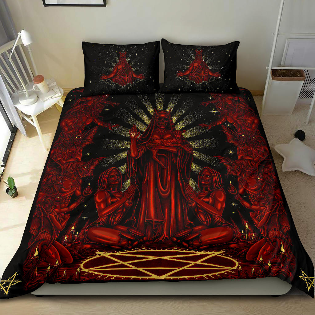 Satanic Pentagram Palm Nun Inverted Cross Forehead  Demon Bombardment 3 piece Duvet Blood Red Hellfire Version