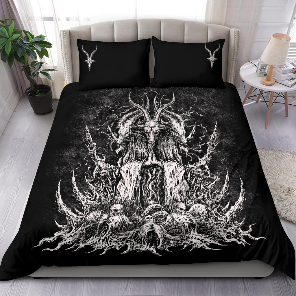 Satanic Skull Goat 3 Piece Duvet Set Black And White Version With Pentagram Goat Pillow Cases