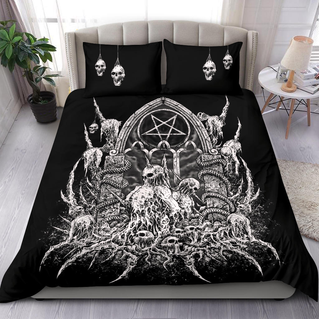Satanic Skull Inverted Pentagram Impaled Skeleton Shrine 3 Piece Duvet Set Black And White Version