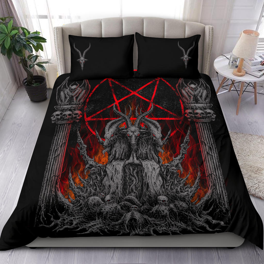 Skull Satanic Goat Inverted Pentagram Winged Demon 3 Piece Duvet Set Silver Flame Version