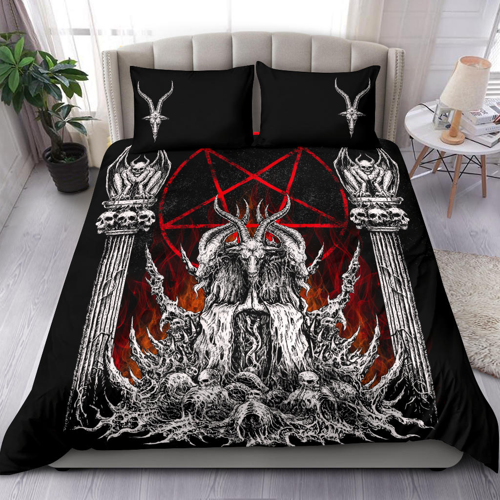 Skull Satanic Goat 3 Piece Duvet Set Black And White Red Flame Inverted Pentagram Version