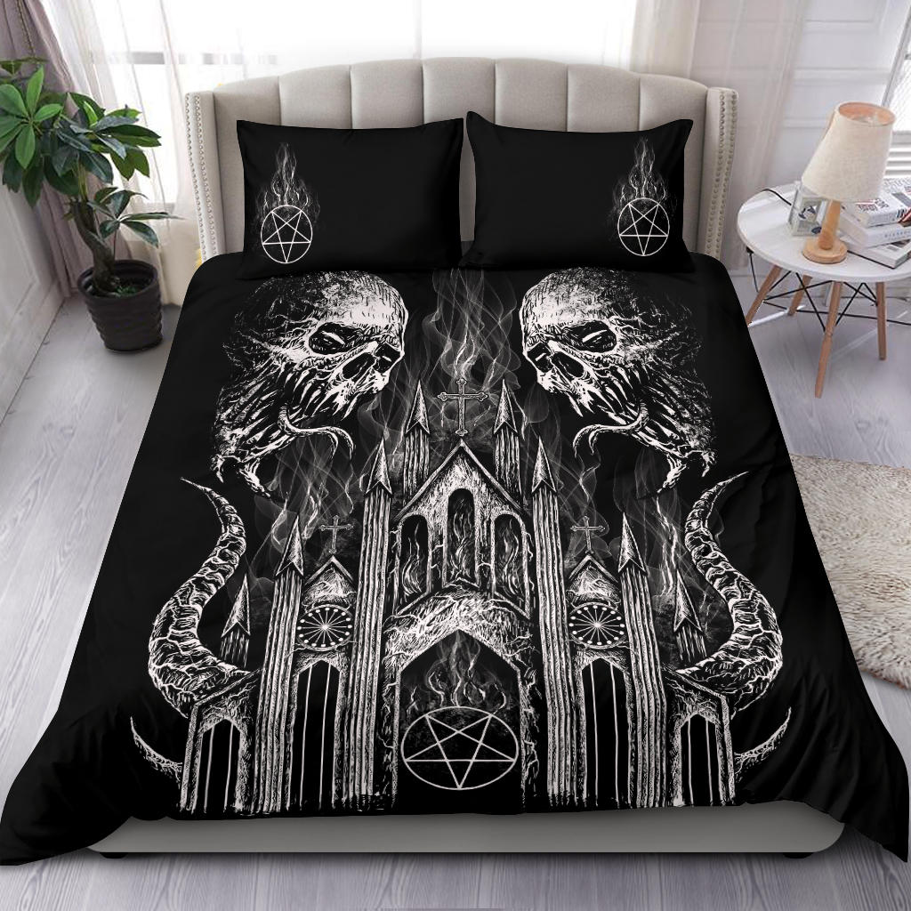 Skull Demon Satanic Pentagram Church 3 Piece Duvet Set Black And White