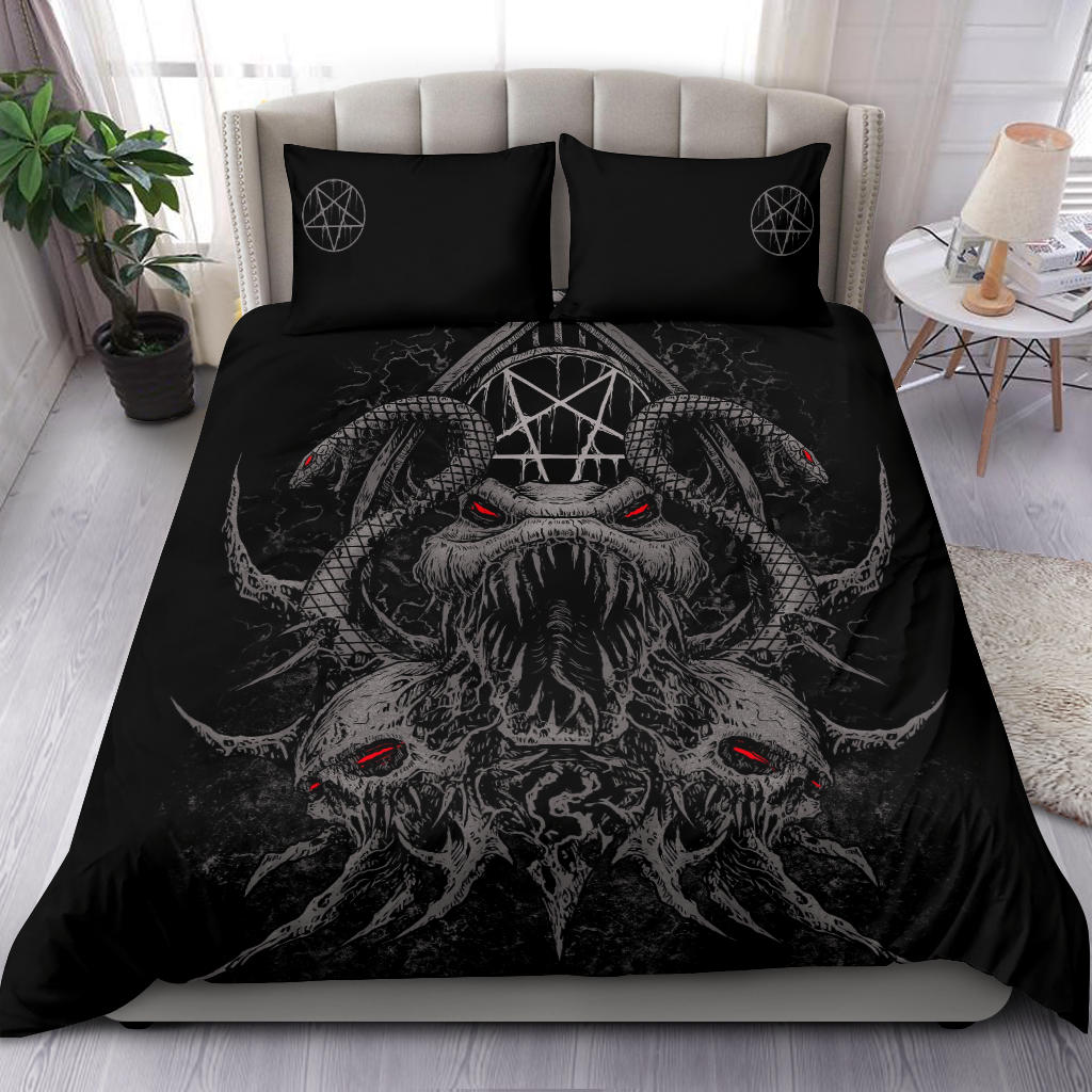 Skull Demon Serpent Satanic Pentagram 3 Piece Duvet Set Killer Grey Red Eye