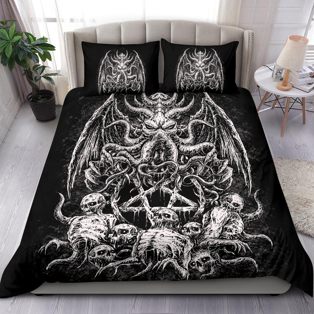 Skull Skeleton Demon Octopus Satanic Pentagram 3 Piece Duvet Set Black And White Version