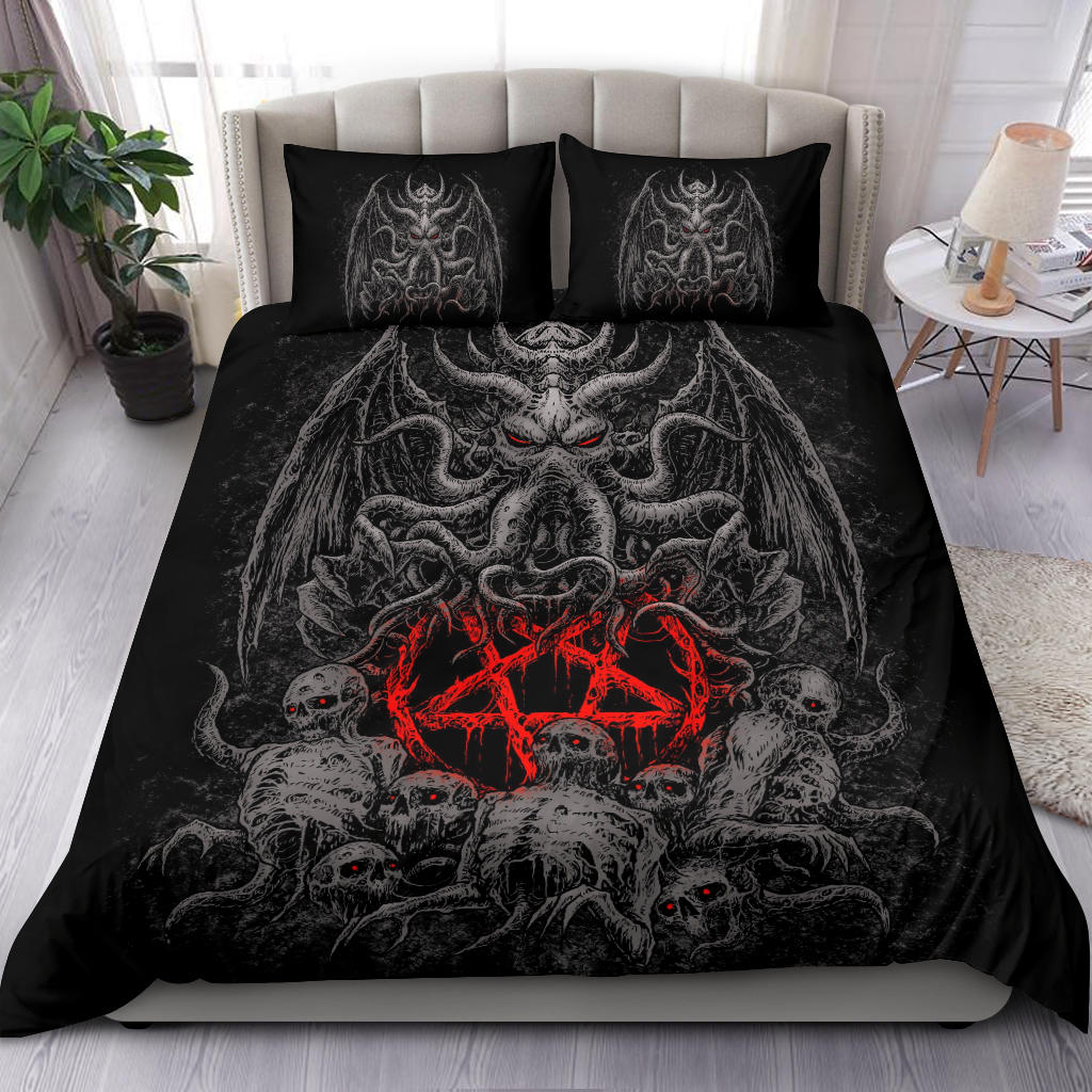 Skull Skeleton Demon Octopus Satanic Pentagram 3 Piece Duvet Set Dark Style Red Pentagram