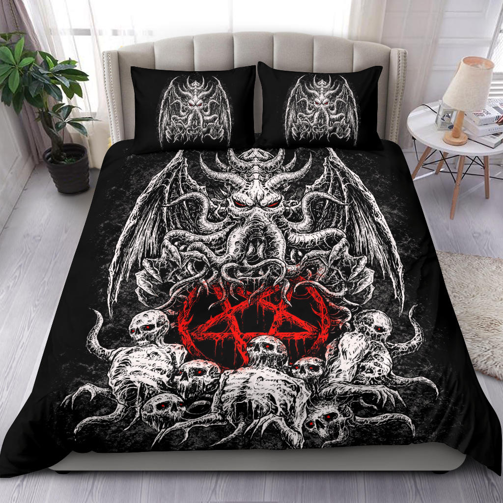 Skull Skeleton Demon Octopus Satanic Pentagram 3 Piece Duvet Set Black And White Red