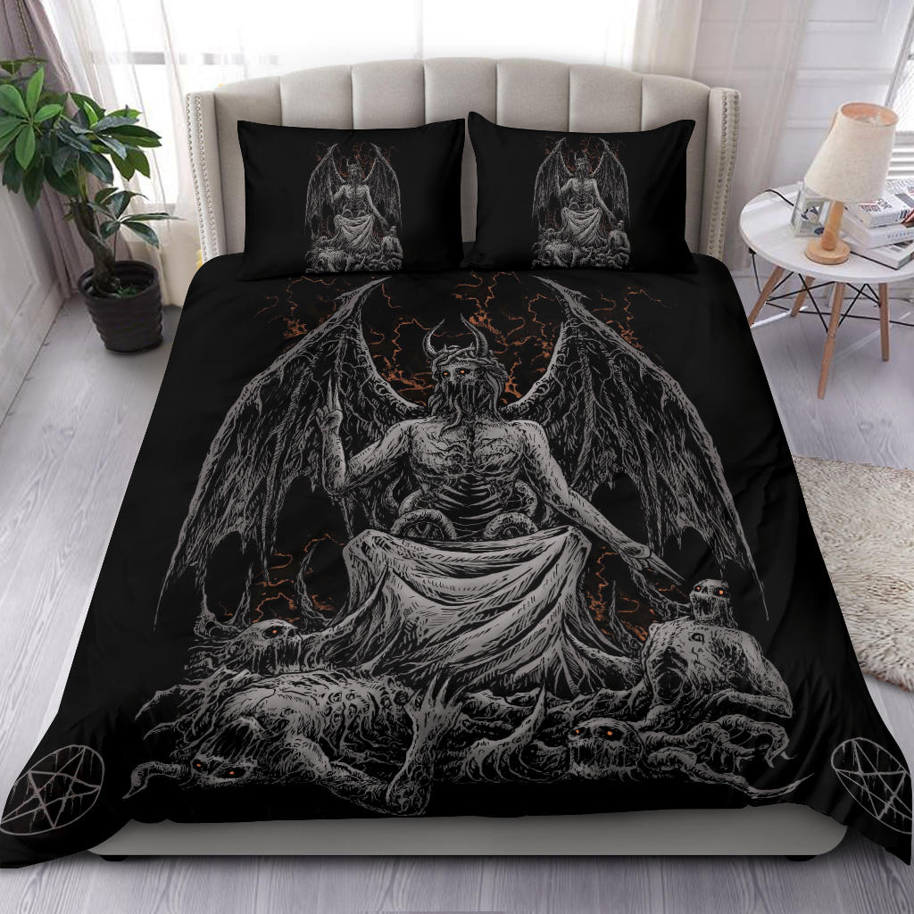 Skull Skeleton Winged Demon God Satanic Pentagram 3 Piece Duvet Set Dark Version