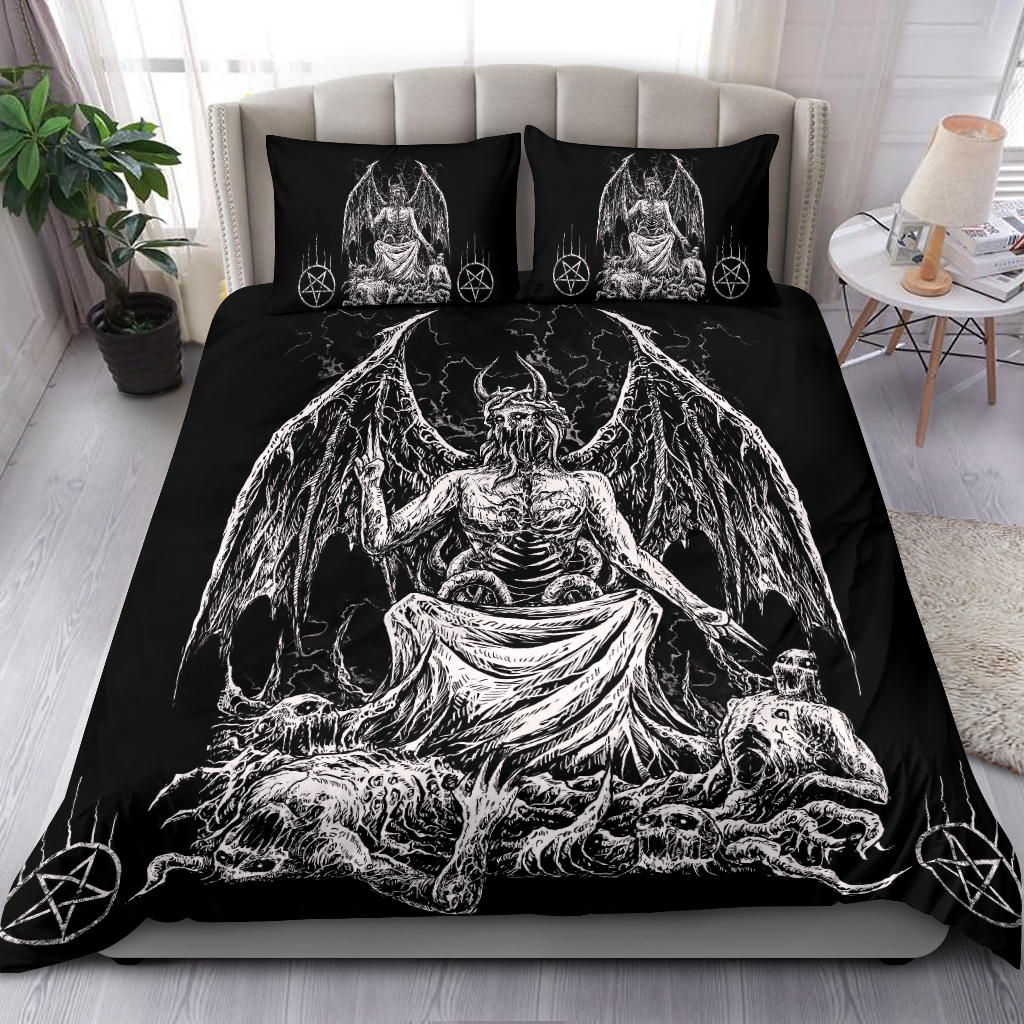 Skull Skeleton Satanic Demon God Satanic Pentagram 3 Piece Duvet Set Black And White