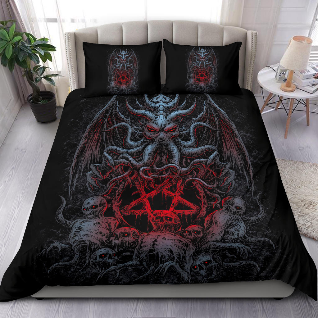 Skull Skeleton Demon Octopus Satanic Pentagram 3 Piece Duvet Set Color Red Pentagram Version