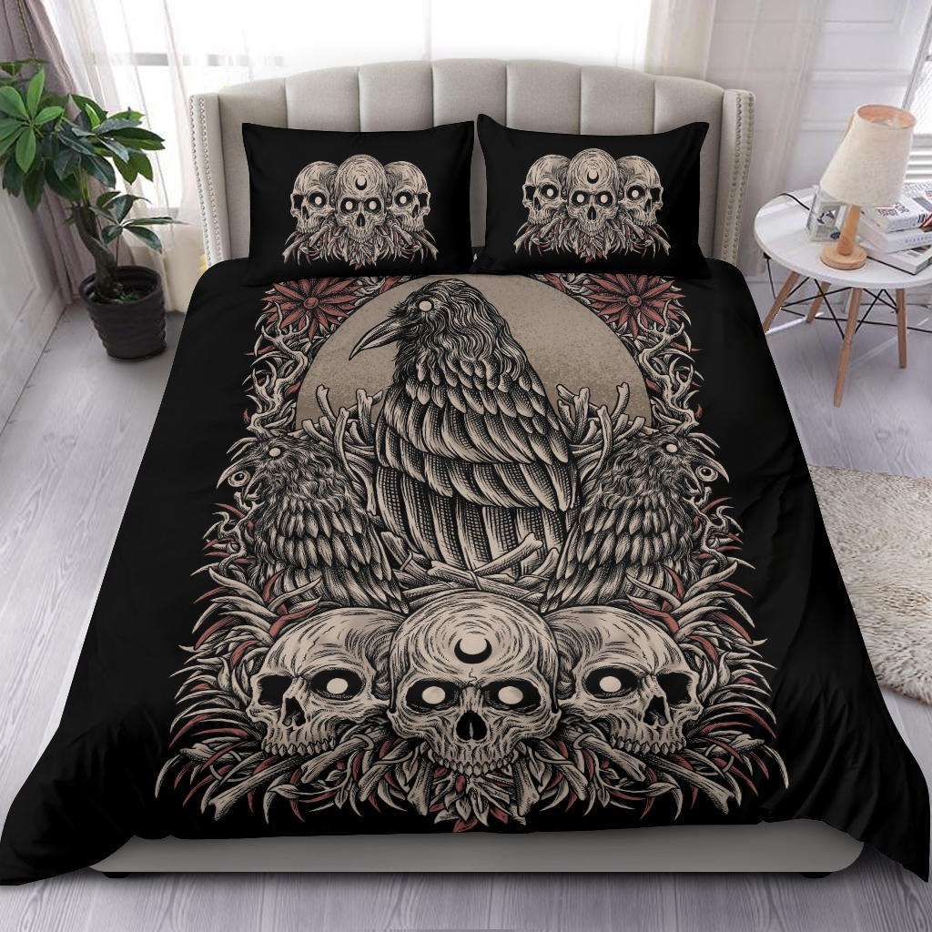 Skull Goth Occult Crow 3 Piece Duvet Set Color Color Version