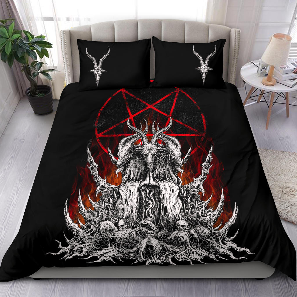 Skull Skeleton Satanic Goat Satanic Pentagram Flame 3 Piece Duvet Set With Large Pentagram Goat Head Pillow Covers