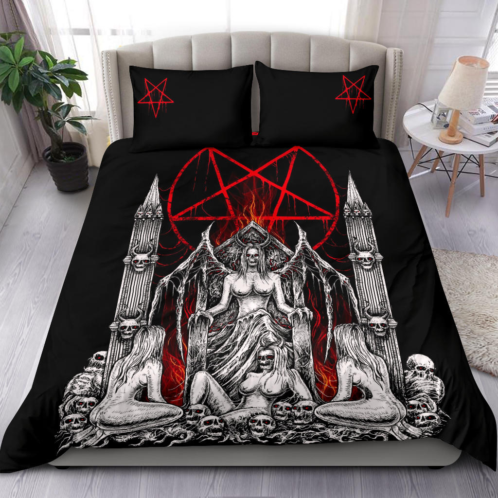 Skull Satanic Pentagram Demon Lust Throne 3 Piece Duvet Set Black And White Red