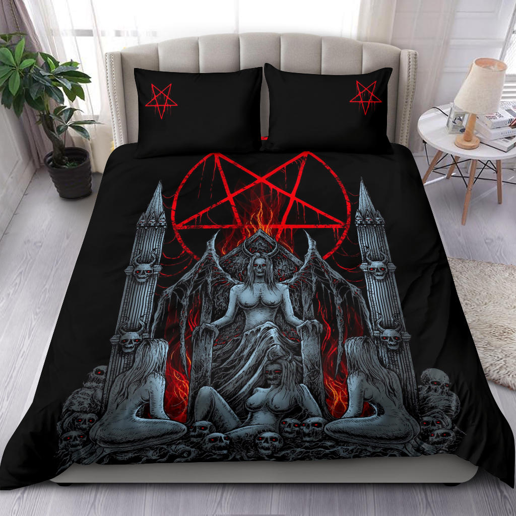 Skull Satanic Pentagram Flame Lust Throne 3 Piece Duvet Set Color Version