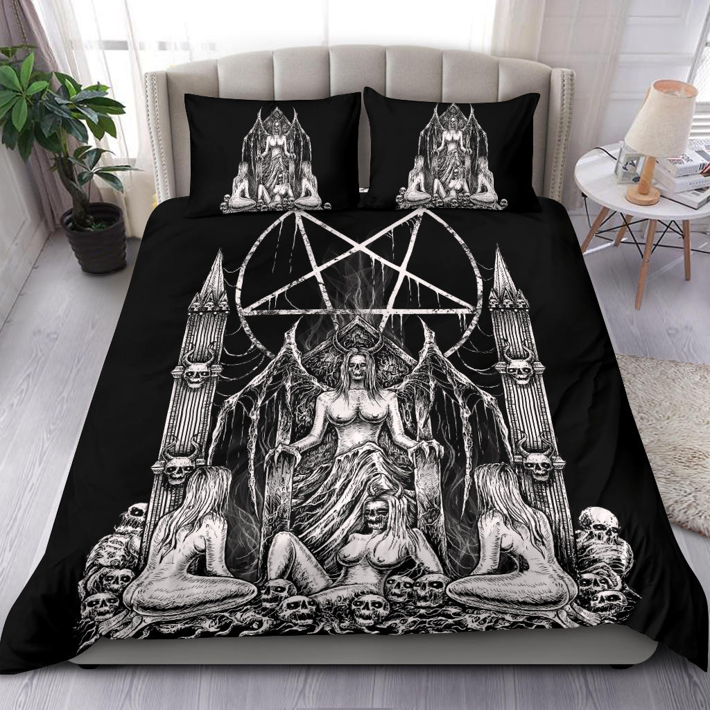 Skull Satanic Pentagram Lust Throne 3 Piece Duvet Set Black And White Throne Pillow Version