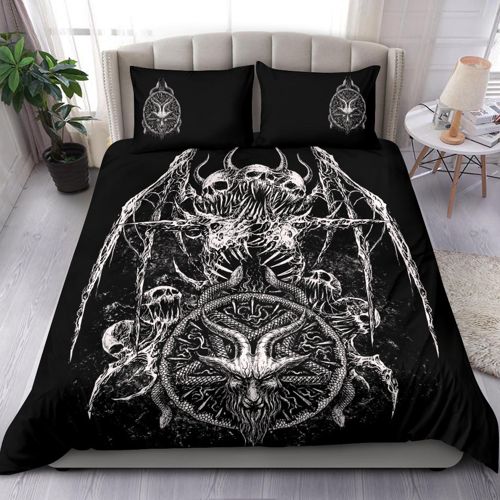 Skull Satanic Goat Satanic Pentagram Serpent 3 Piece Duvet Set Black And White