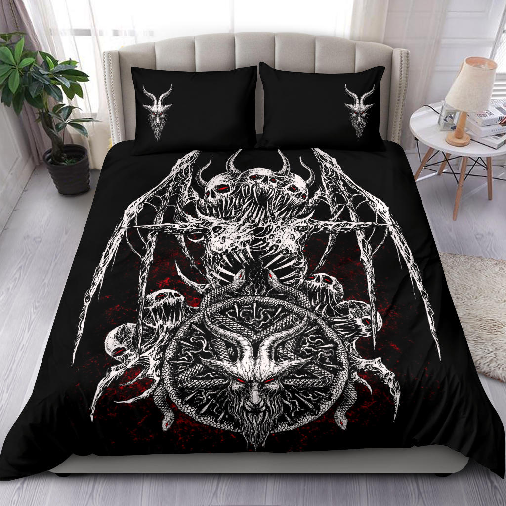 Skull Satanic Demon Goat Bat Wing Satanic Pentagram Serpent 3 Piece Duvet Set Red Eye Red Background Version