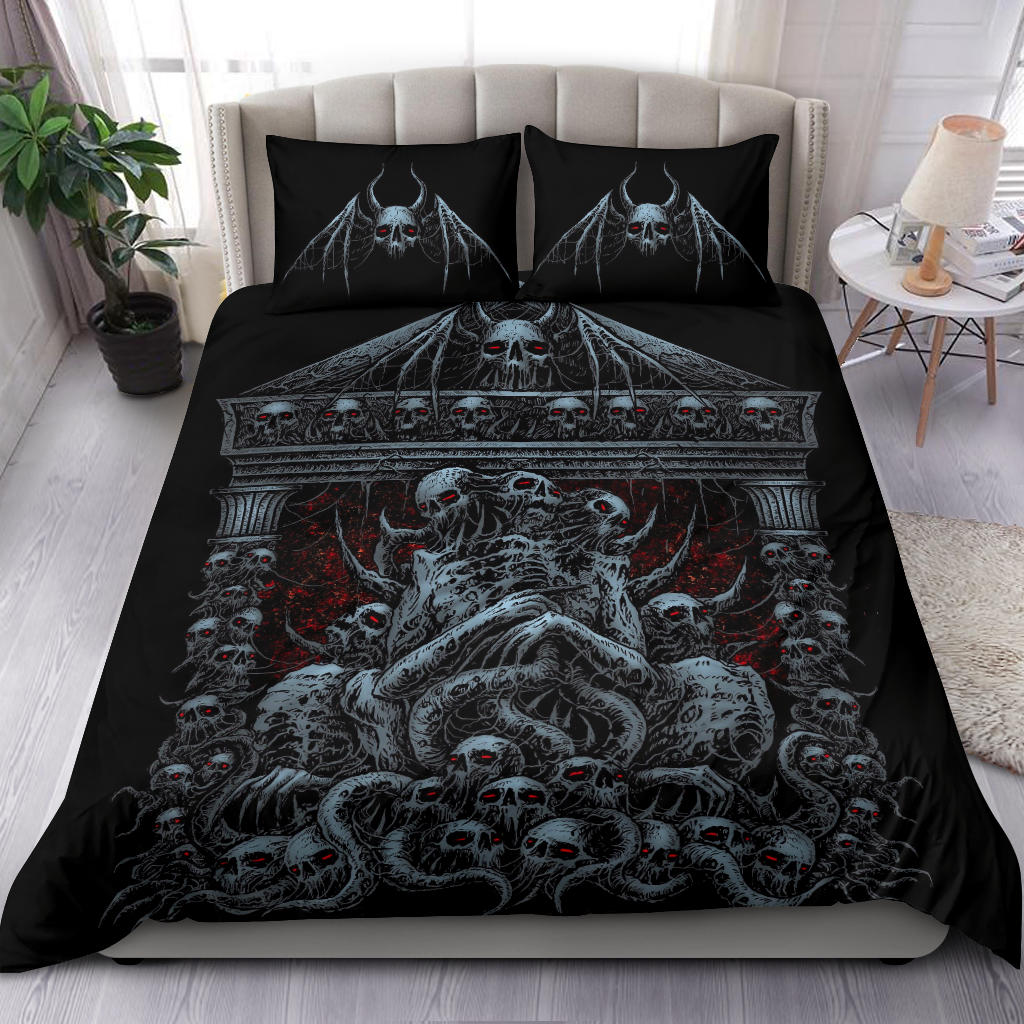 Skull Skeleton Demon Bat Skull Death Shrine 3 Piece Duvet Set Color Version