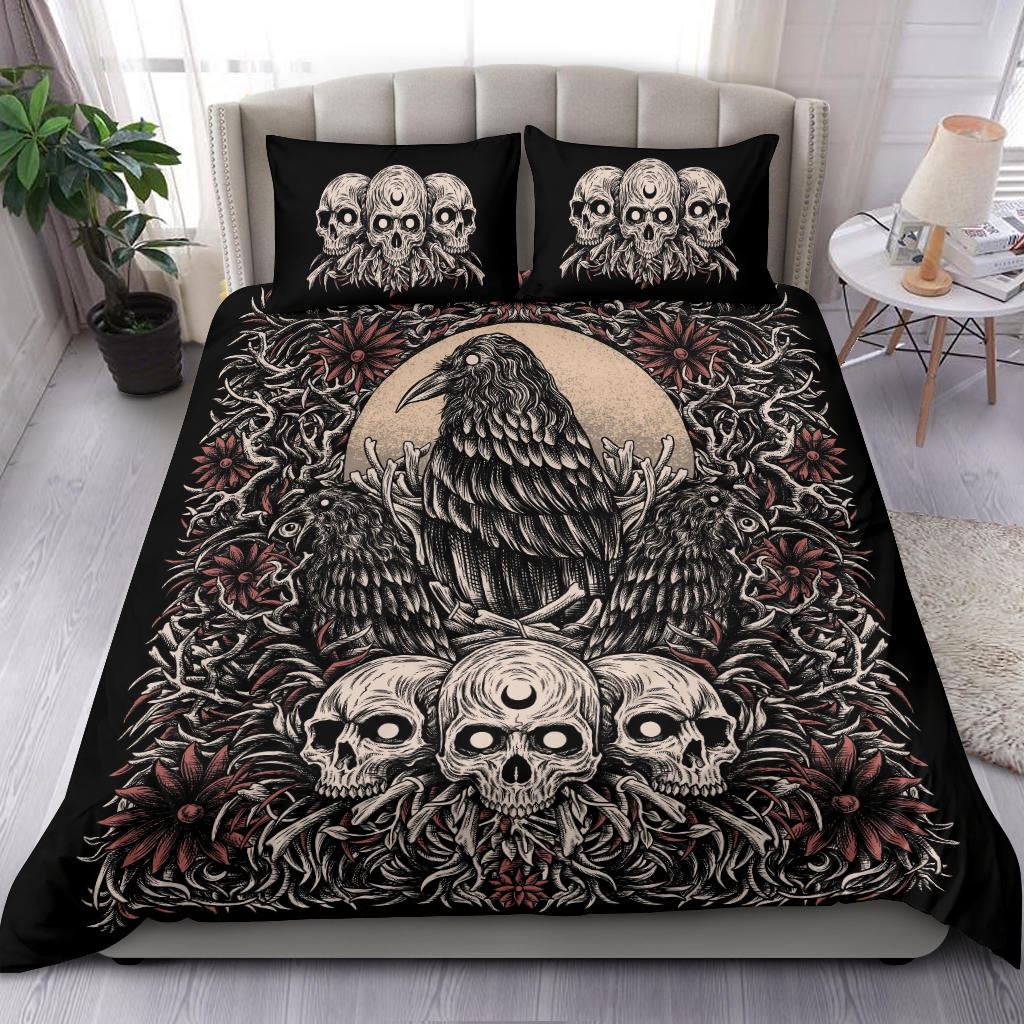 Skull Gothic Occult Crow Eye New Dark Color White Skull Version 3 Piece Duvet Set