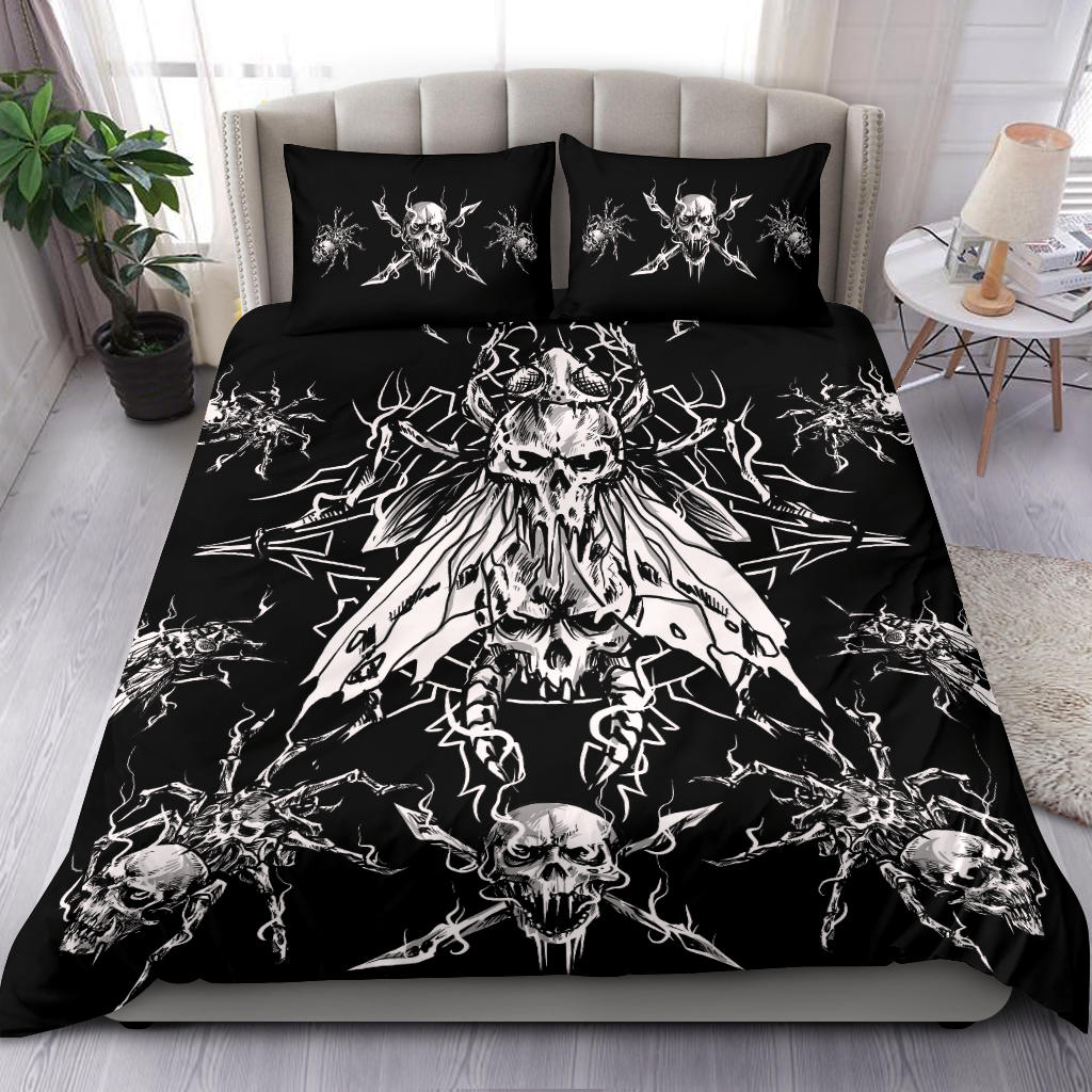 Skull Evil Goth Spider Fly 3 Piece Duvet Set Black And White Large Fly Version