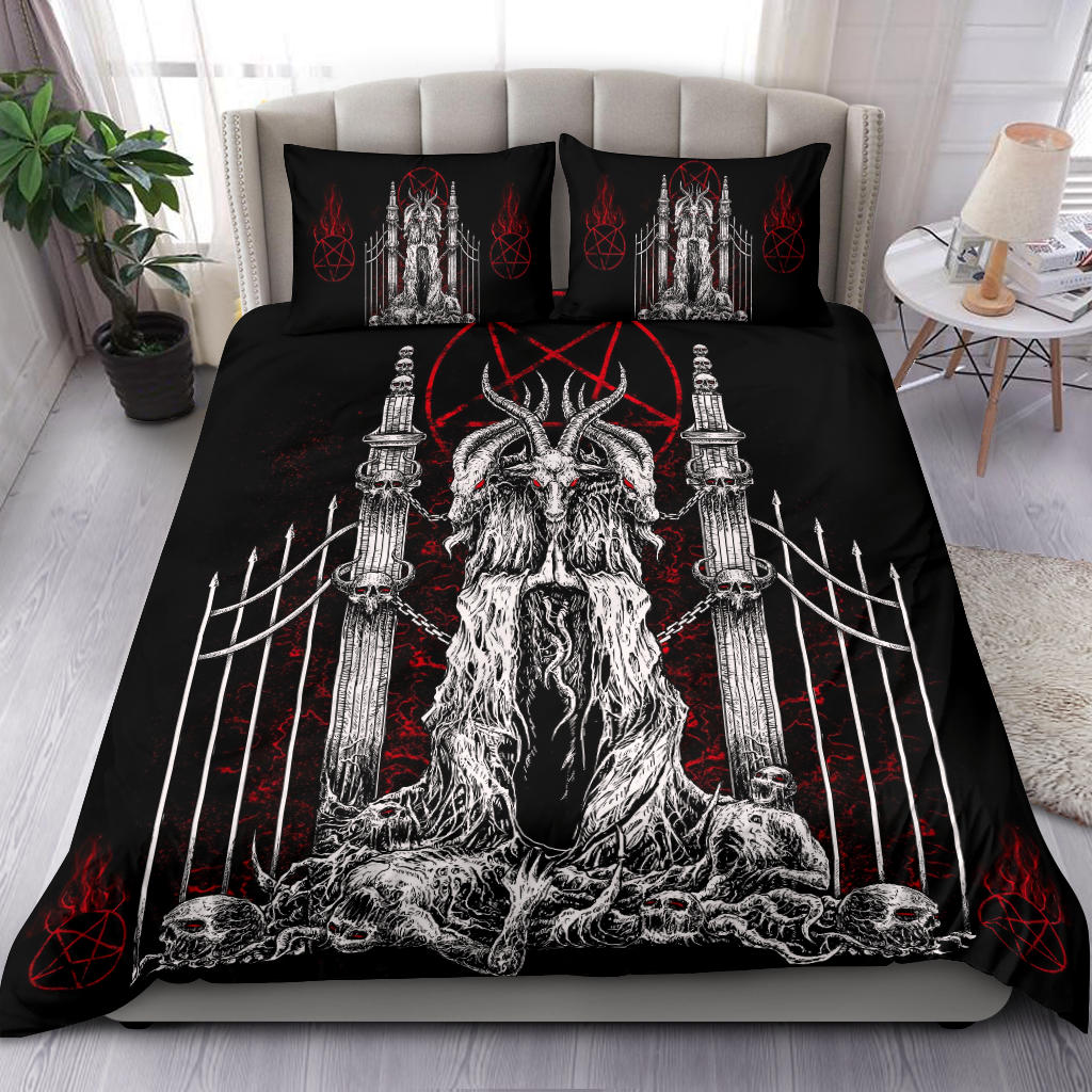 Skull Satanic Goat Satanic Pentagram Flame Welcome To Hells Gates 3 Piece Duvet Set Black And White Red