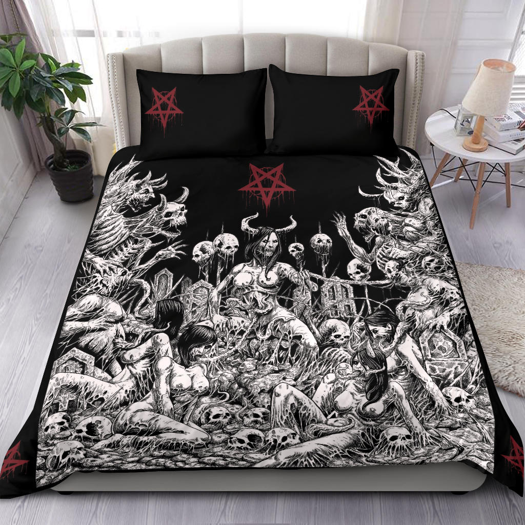 Skull Satanic Pentagram Demon Nymphomania And Loving It 3 Piece Duvet Set Black And White Version