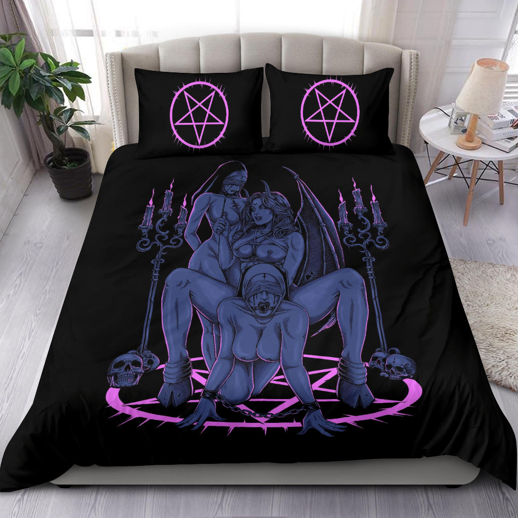 Skull Satanic Pentagram Thorn Candle Satanic Cross Erotic Possession 3 Piece Duvet Set Sexy Wild Blue Pink