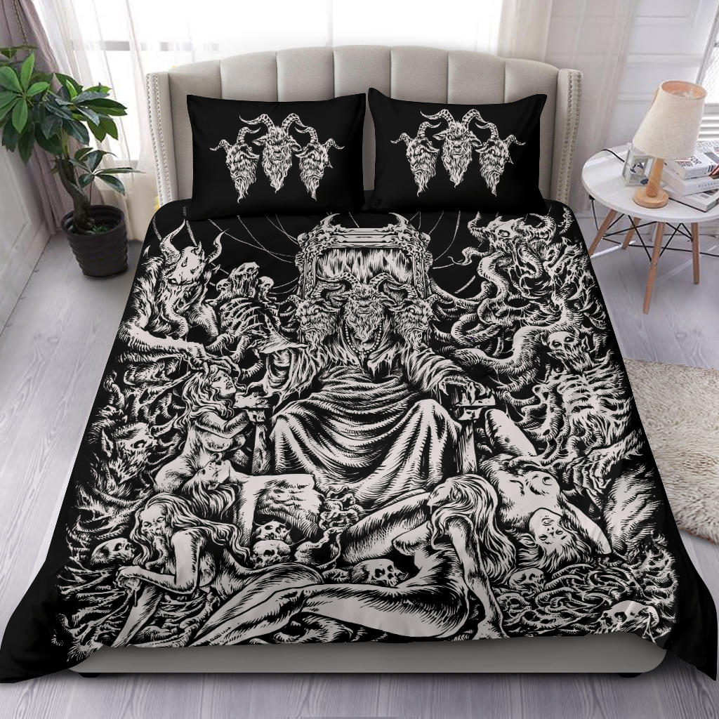 Skull Demon Satanic Goat Baphomet Throne 3 Piece Duvet Set Black And White