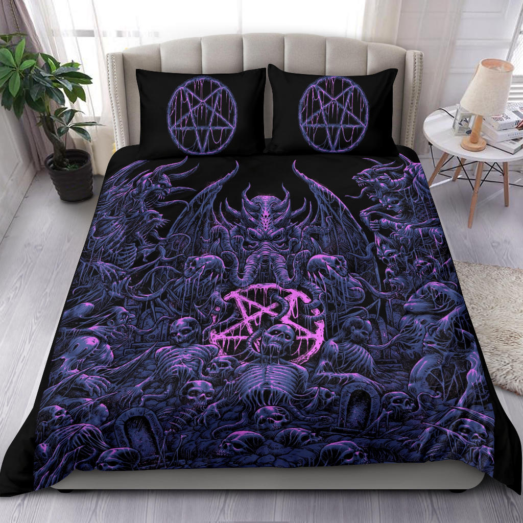 Skull Demon Satanic Pentagram Cthulhu 3 Piece Duvet Set Night Blue Pink