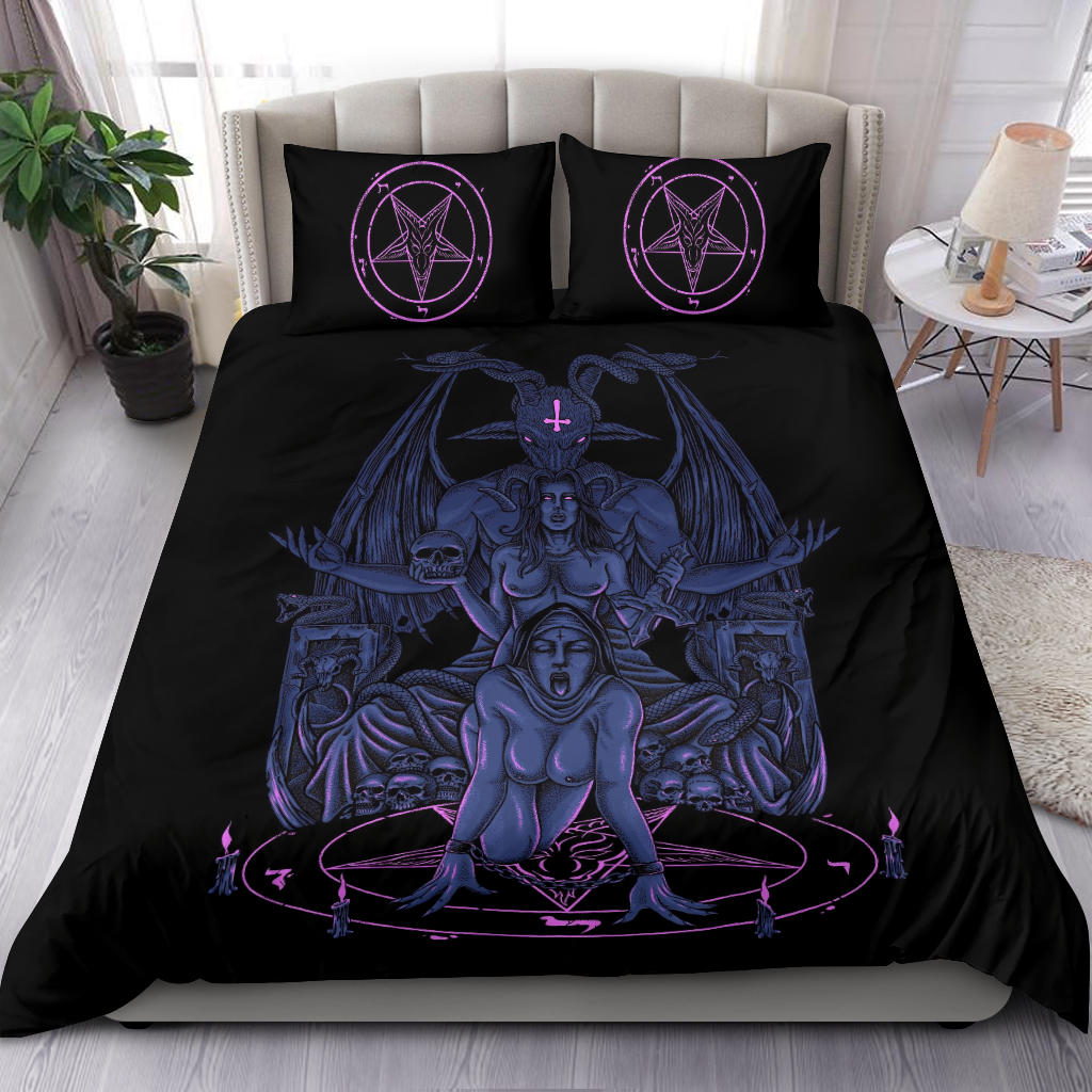 Skull Baphomet Serpent Satanic Pentagram Demon Inception Throne 3 Piece Duvet Set Sexy Blue Pink