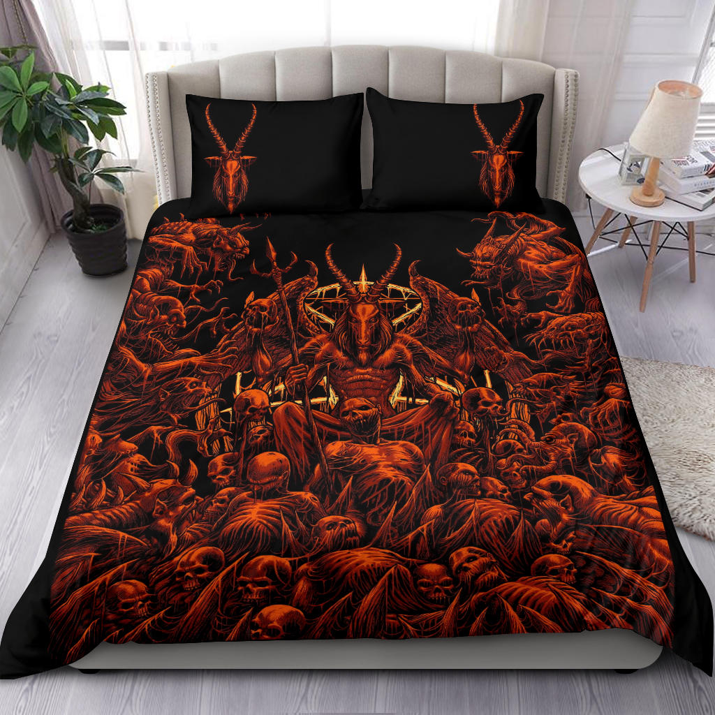 Skull Satanic Pentagram Winged Satanic Goat Demon Zombie Galore Throne 3 Piece Duvet Set Flame Red