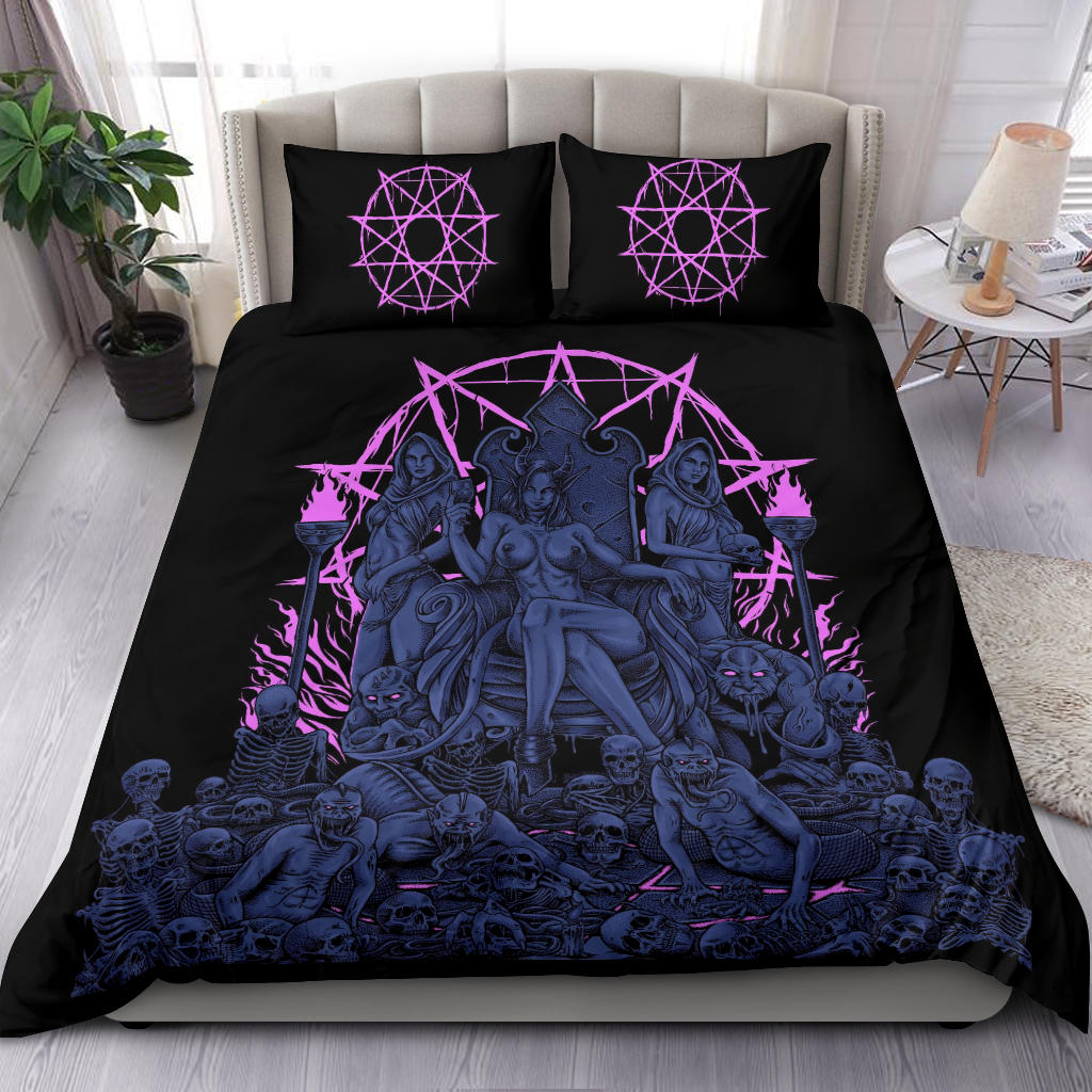 Skull Demon Serpent Flesh Gluttony Throne 3 Piece Duvet Set Sexy Blue Pink