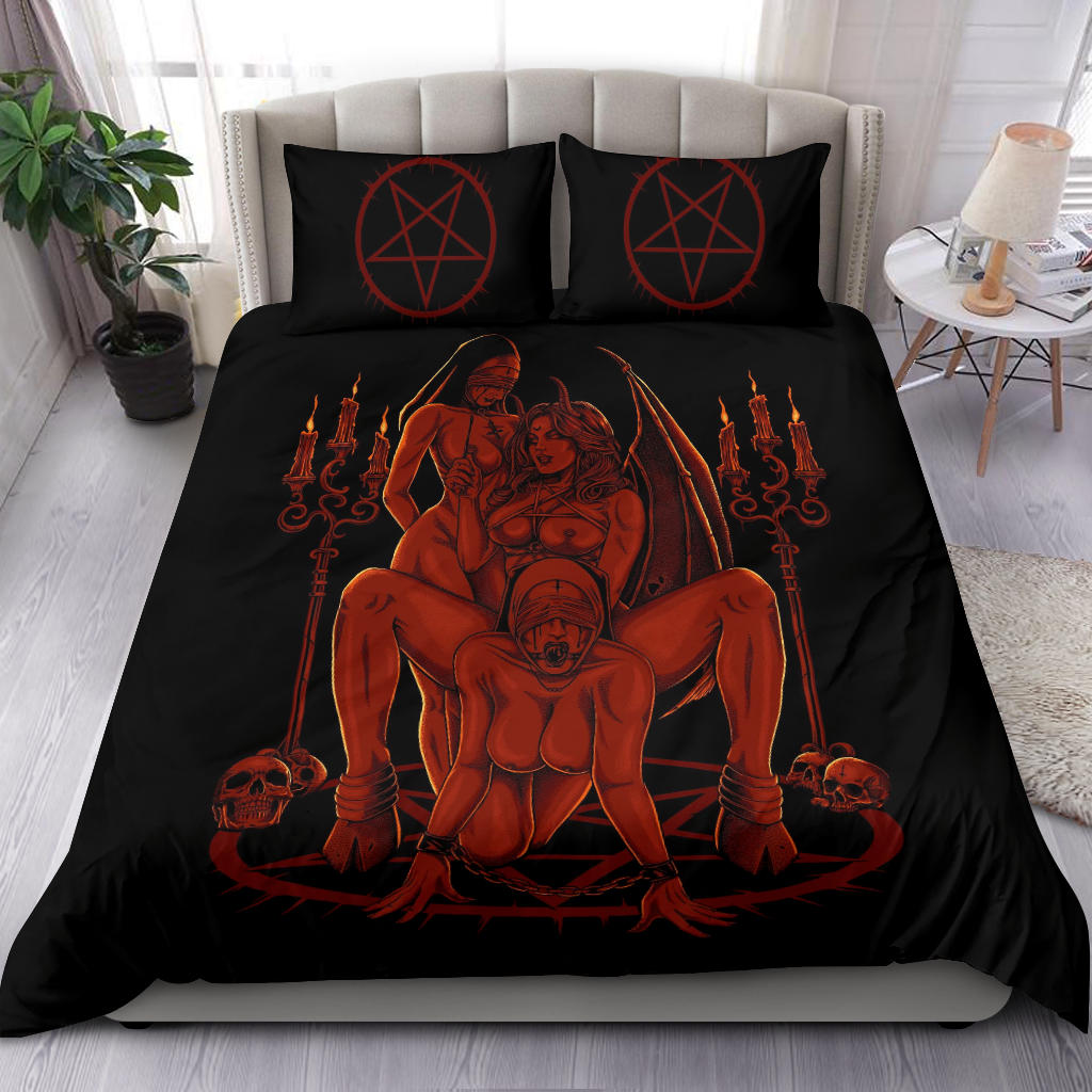 Skull Satanic Pentagram Thorn Candle Satanic Cross Erotic Possession 3 Piece Duvet Set New Flame Red