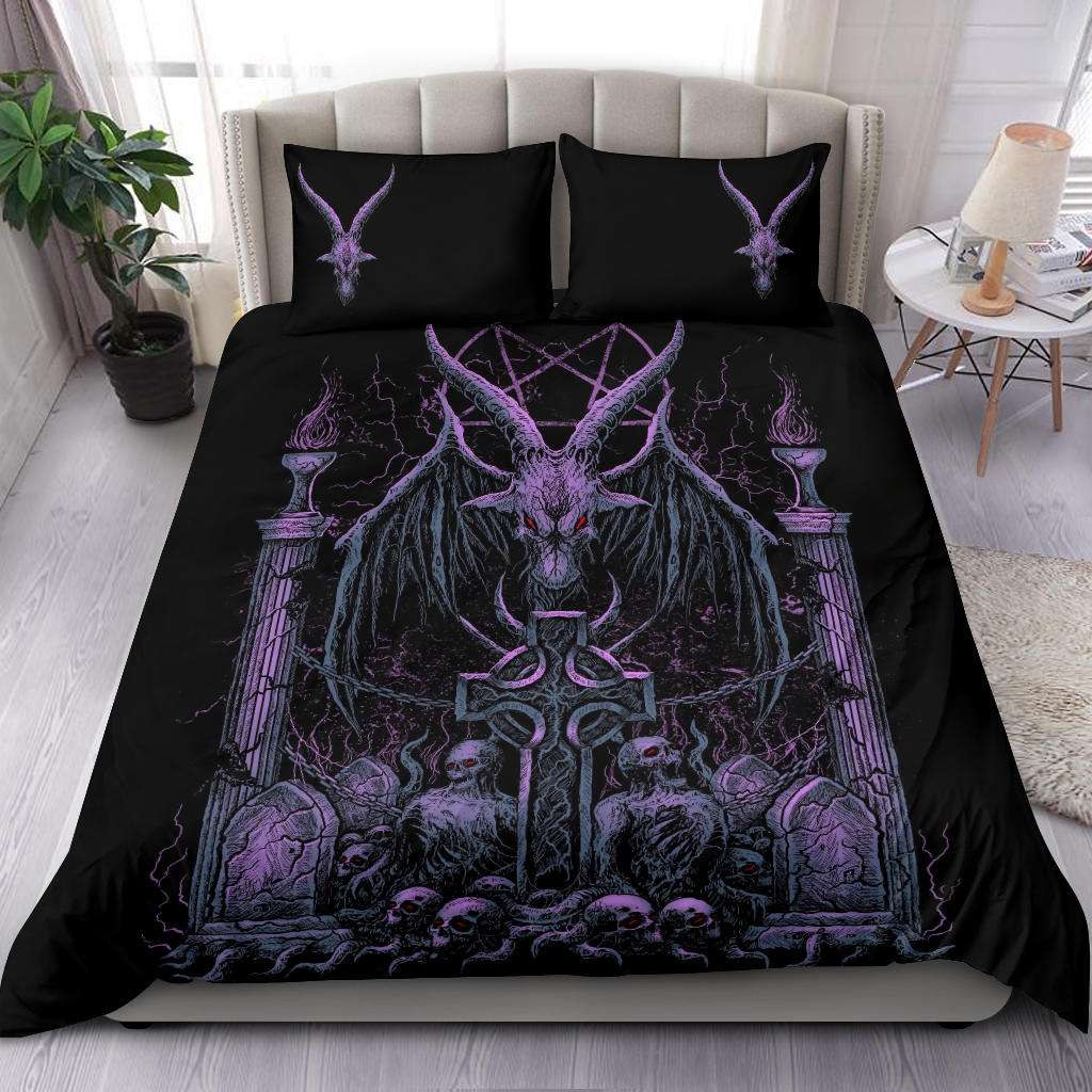 Skull Satanic Pentagram Baphomet Demon Bat Wing Goat Grave Shrine 3 Piece Duvet Set Night Blue Purple Pink Tint