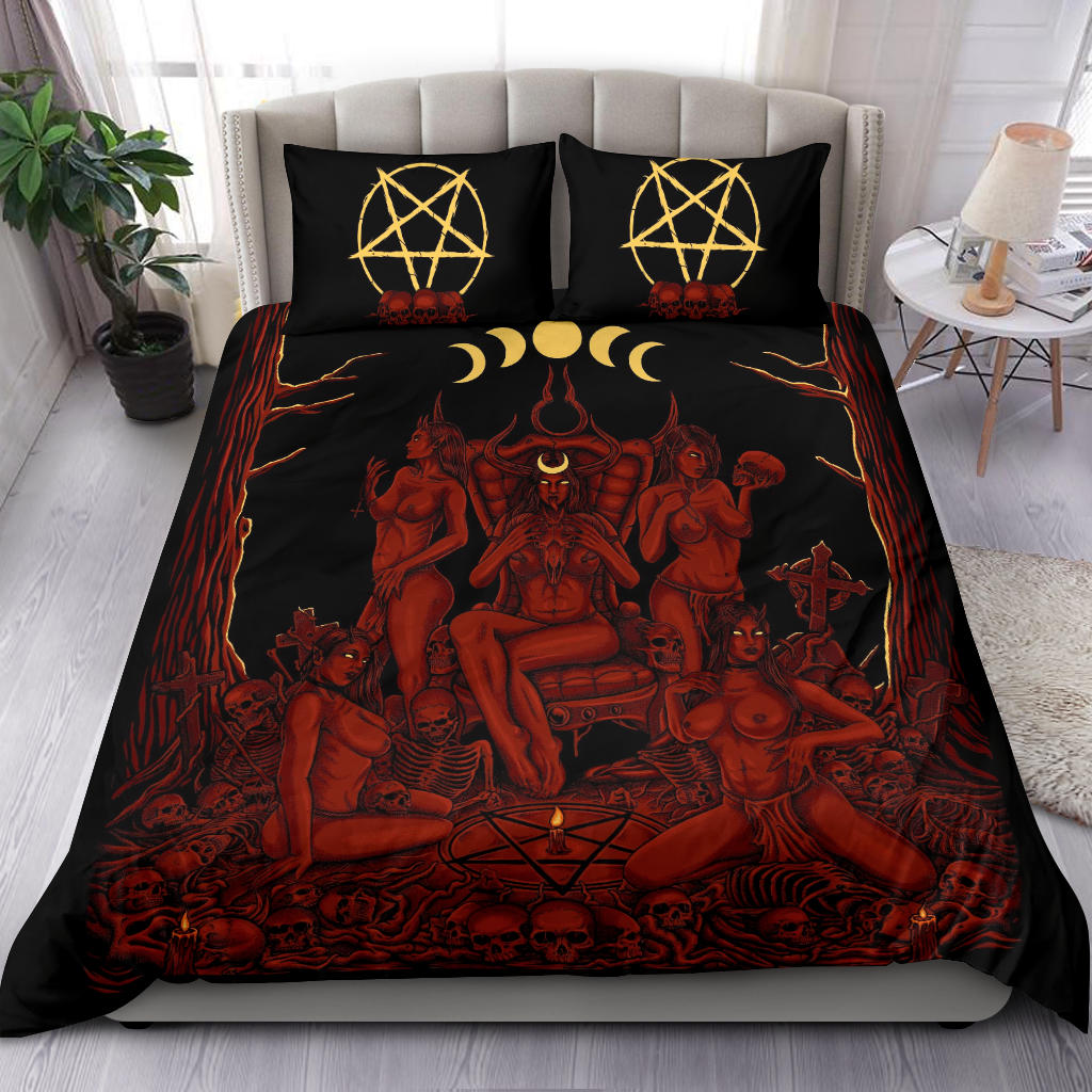 Skull Demon Satanic Pentagram Sexy Witch Throne 3 Piece Duvet Set New Red