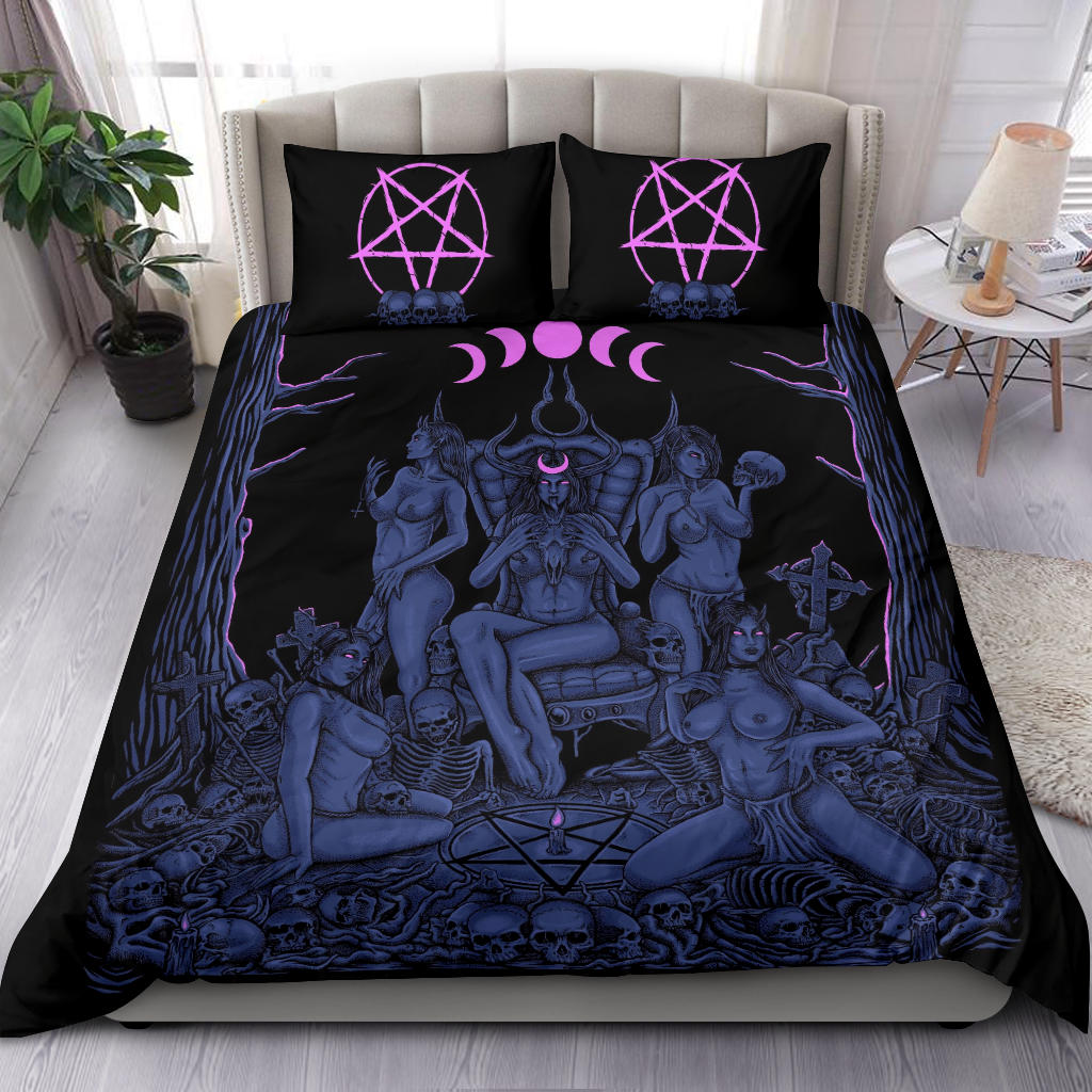 Skull Demon Satanic Pentagram Sexy Witch Throne 3 Piece Duvet Set New Erotic Blue Pink