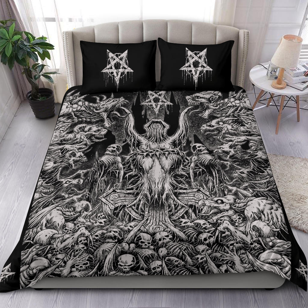 Skull Inverted Cross Crowned Goat Impaled Skeleton Demon Church Blitzkrieg 3 Piece Duvet Set Black And White