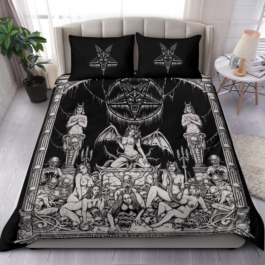 Satanic Pentagram Skull Sexy Winged Demon Welcome To Hell's Pearly Pleasure Gates 3 Piece Duvet Set Black And White-