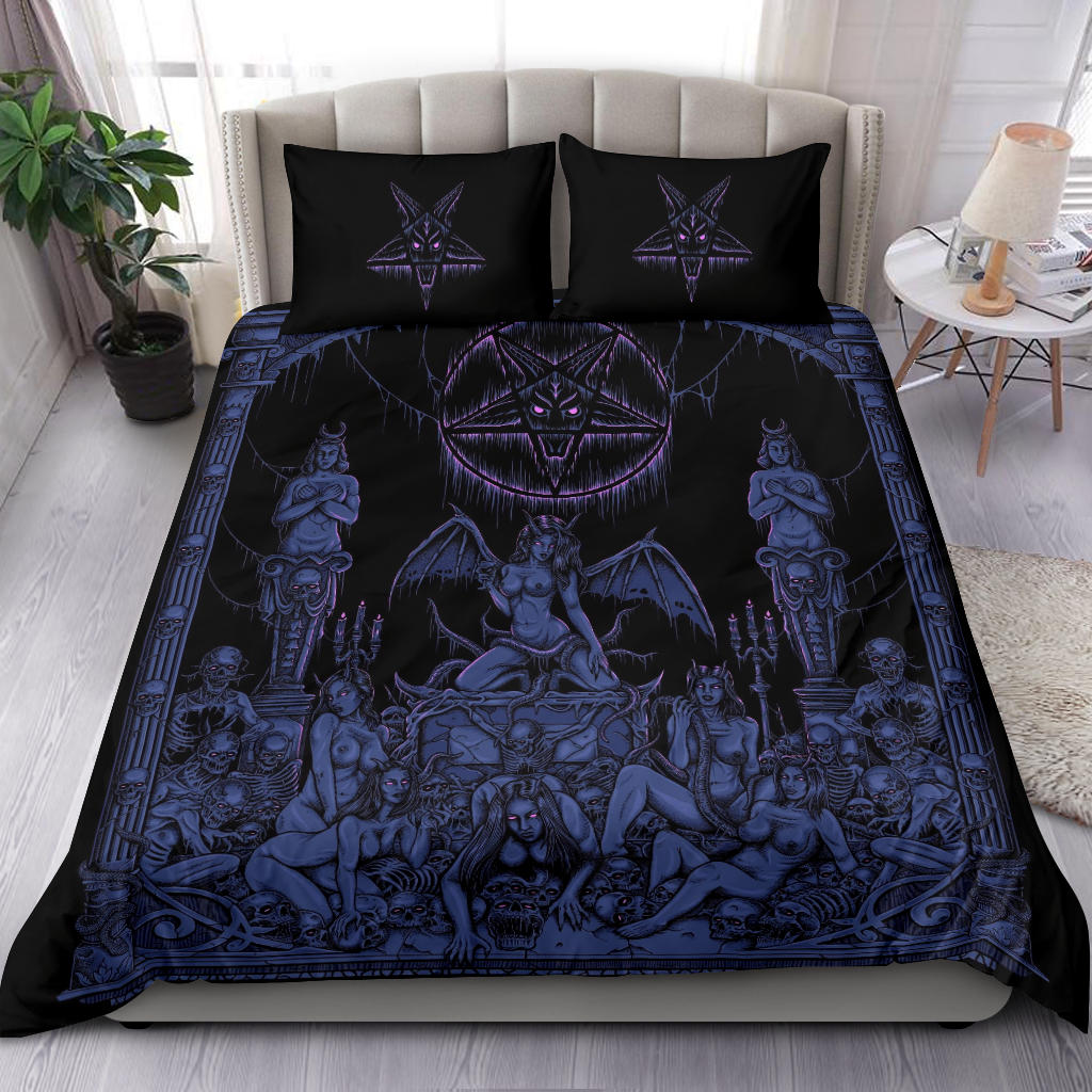 Satanic Pentagram Skull Sexy Winged Demon Welcome To Hell's Pearly Pleasure Gates 3 Piece Duvet Set Erotic Blue Pink