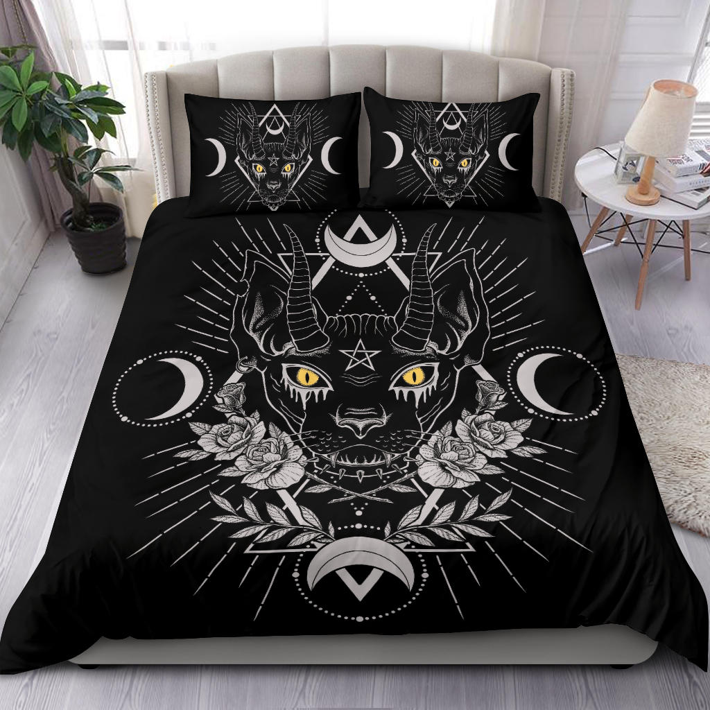 Gothic Occult Black Cat Unique Sphinx Style 3 Piece Duvet Set Eye Color Version