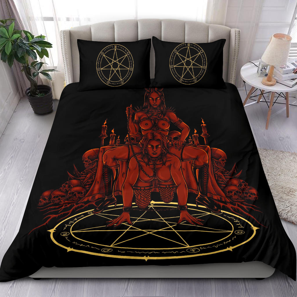 Skull Satanic Pentagram Demon Chained Hot And Ready 3 Piece Duvet Set Red Hellfire