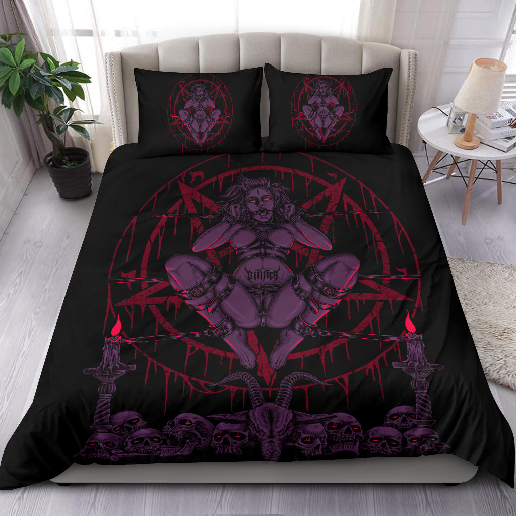 Skull Demon Satanic Baphomet Goat Satanic Pentagram Chained To Sin And Lovin It 3 Piece Duvet Set Awesome Glowing Purple