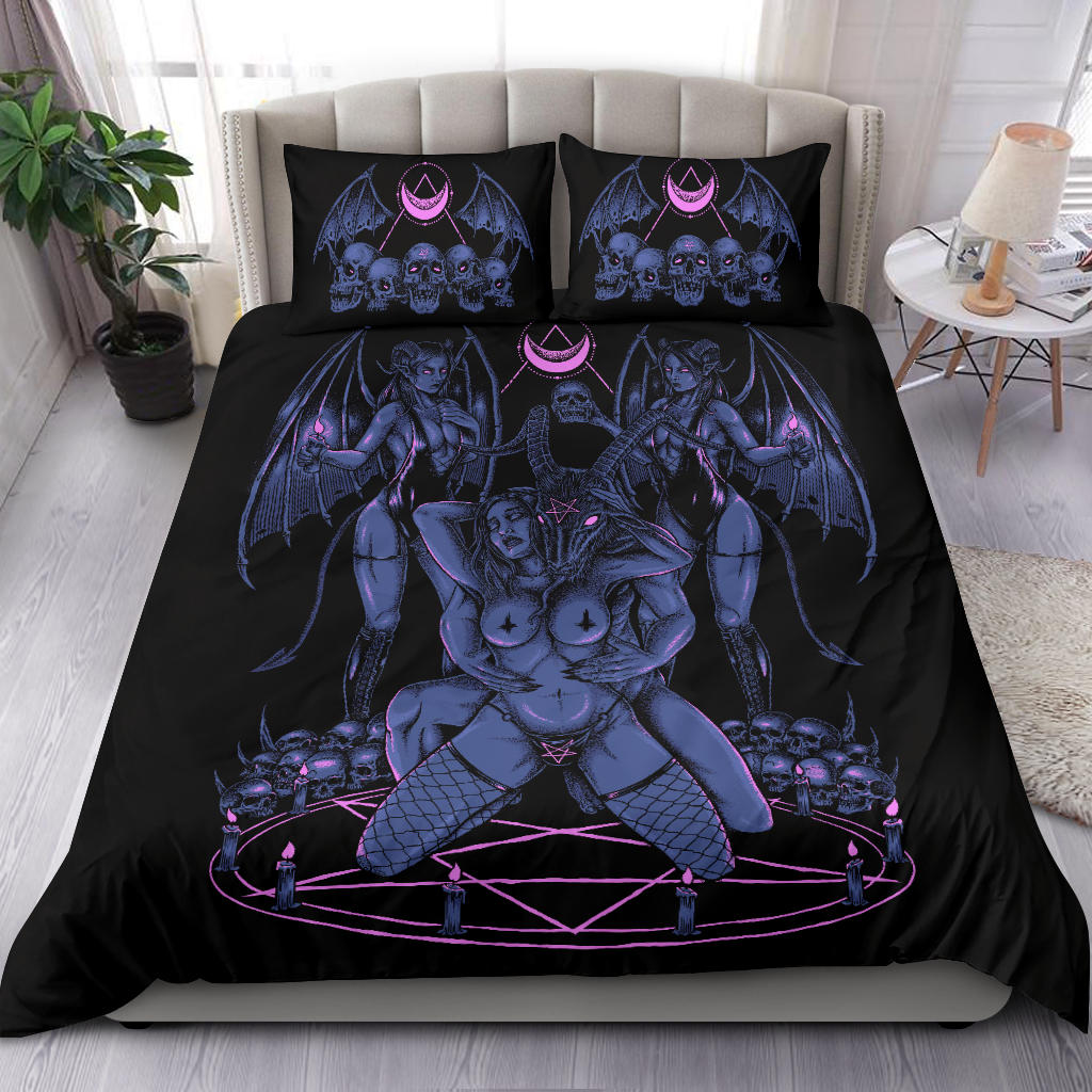 Skull Baphomet Erotic Revel In Freedom And Realize It Throne 3 Piece Duvet Set Sexy Blue Pink