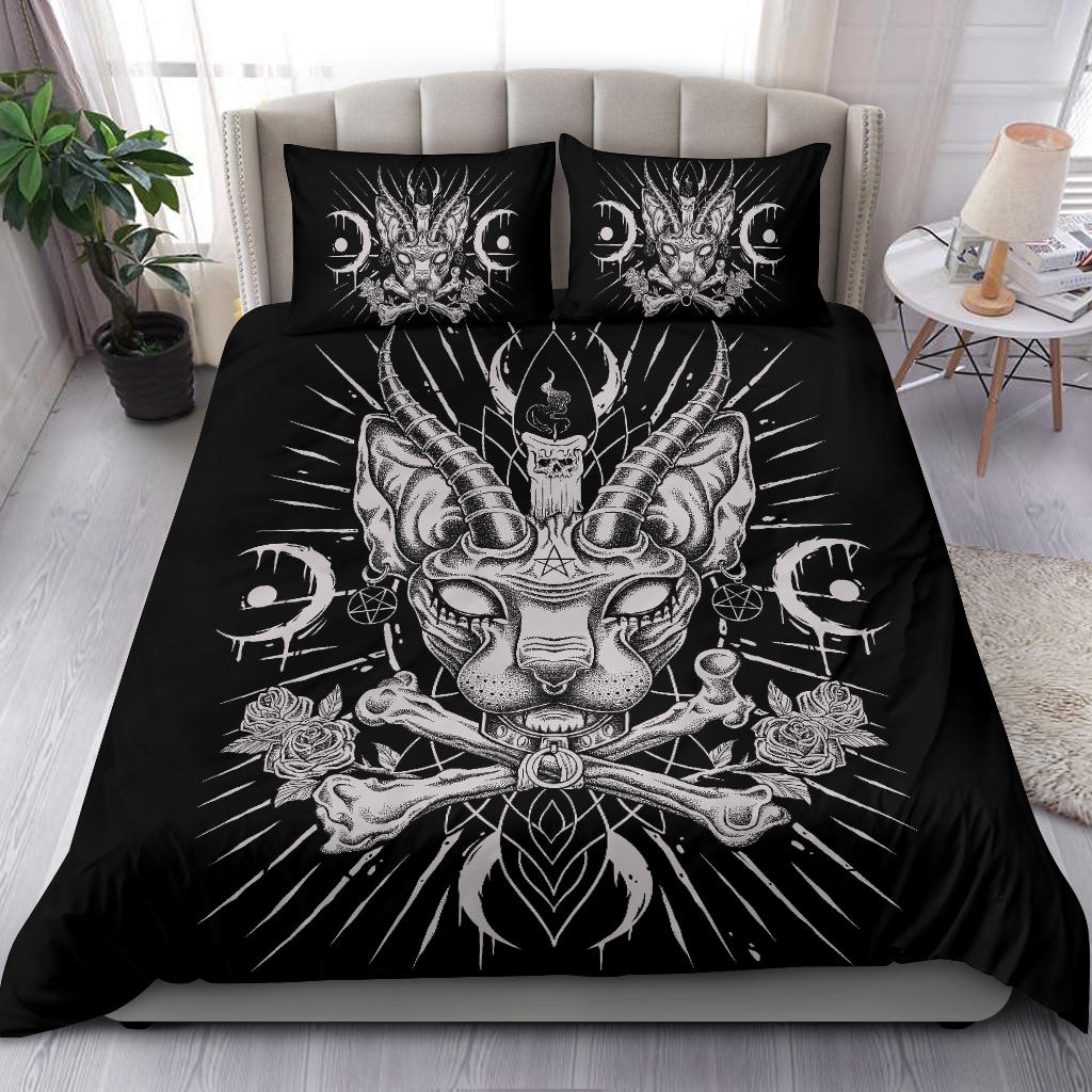 Skull Gothic Occult Black Cat Unique Sphinx Style Part 2-3 Piece Duvet Set Black And White Awesome Demonic White Eye