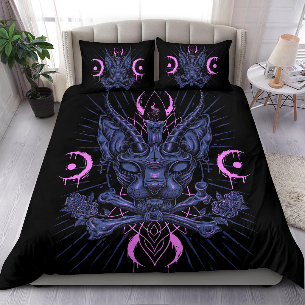 Skull Gothic Occult Black Cat Unique Sphinx Style Part 2-3 Piece Duvet Set Inverted Cross Version Awesome Demonic Eye