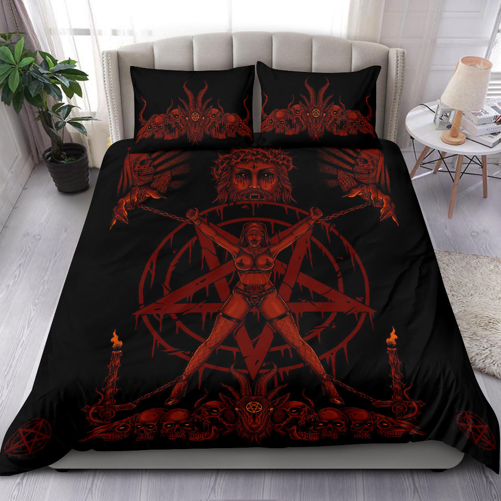 Skull Satanic Pentagram Demon Chained To Sin And Lovin It Part 2 -3 Piece Duvet Set Blood Red Hellfire